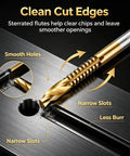 Close-up of Six Piece Top Shelf Twist Drill Bit Set With Serrated Side Cutting Edges for rapid chip clearing in metal.