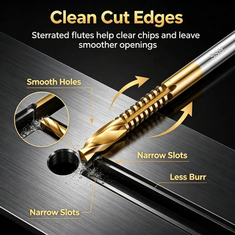 Close-up of Six Piece Top Shelf Twist Drill Bit Set With Serrated Side Cutting Edges for rapid chip clearing in metal.