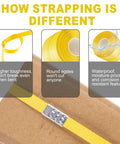 Heavy Duty PP Strapping Roll Hella Tough Packaging Belt displayed with features of toughness and waterproof material.