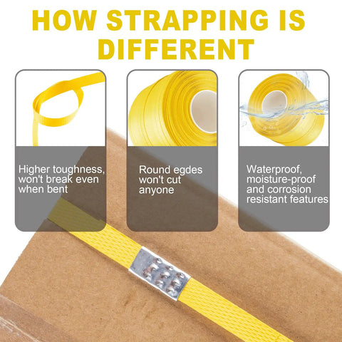 Heavy Duty PP Strapping Roll Hella Tough Packaging Belt displayed with features of toughness and waterproof material.