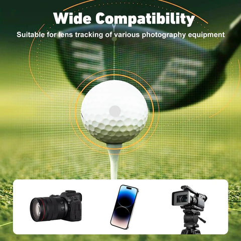 Close-up of golf ball with club using 450 Pack White Reflective Golf Stickers One Quarter Inch For Golf Club Labels Trackman Simulator And Launch Monitor Pro Grade Data Tracking And Swing Analysis For Precise Spin And Consistent Club Feedback During Practice, displaying camera and smartphone icons for compatibility.