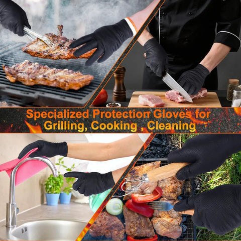 Dual Layer Heat Resistant BBQ Gloves With Nitrile And Cotton Liners 10 Mil Thick Non Slip Grip For Grilling Smoking And Handling Hot Meat Large Black Set in use for BBQ, cooking, cleaning