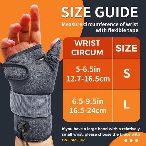 Size guide for Electric Thumb And Wrist Heating Pad For Hand Arthritis And Carpal Tunnel Relief with two size options shown.
