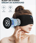 Model wearing Wireless Sleep Headphones With Sleep Mask Headband And Earbuds, showcasing HD Stereo Speakers.