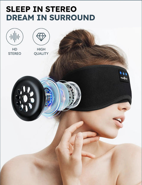 Model wearing Wireless Sleep Headphones With Sleep Mask Headband And Earbuds, showcasing HD Stereo Speakers.