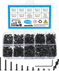 Top Shelf M2.5 Metric Screw Assortment Kit Featuring 1110 Pieces Of Black Countersunk Hex Socket Cap Bolts and Nuts Set With Washers And Wrench showing assorted screws and nuts in a plastic organizer.