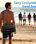 Portable Thermoelectric Cooler Warmer Bag 14 Liters worn by man at beach, showcasing quick release strap for easy carry.