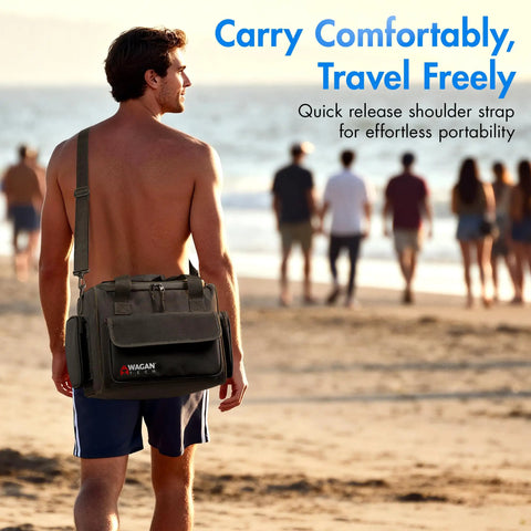 Portable Thermoelectric Cooler Warmer Bag 14 Liters worn by man at beach, showcasing quick release strap for easy carry.