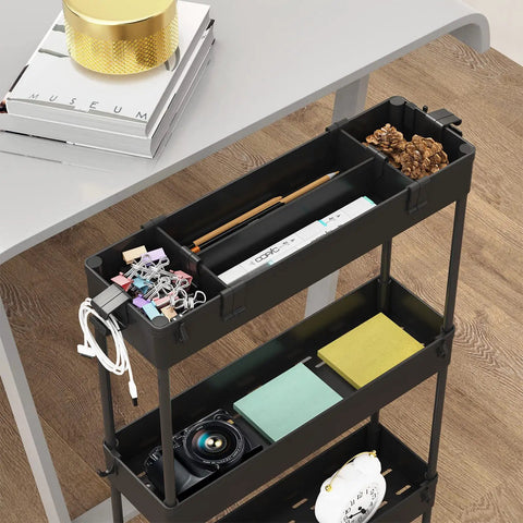 Overhead view of slim four tier storage cart rolling organizer for kitchen bathroom laundry and office space saver mobile shelving