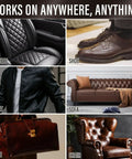 Leather And Vinyl Repair Kit For Car Seats And More All In One With 10 Pigments For Dope Color Matching Easy Instructions To Restore Faux Leather Pleather And Genuine Leather No Experience Needed displayed on car seat, shoe, jacket, sofa, purse, and chair.