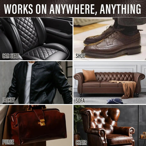 Leather And Vinyl Repair Kit For Car Seats And More All In One With 10 Pigments For Dope Color Matching Easy Instructions To Restore Faux Leather Pleather And Genuine Leather No Experience Needed displayed on car seat, shoe, jacket, sofa, purse, and chair.
