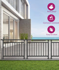 Preassembled Horizontal Deck Railing Kit Featuring Tight Baluster Spacing And Rock Solid Metal Frame Crafted From Heavy Duty Black Steel on modern patio.