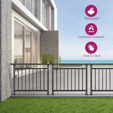 Preassembled Horizontal Deck Railing Kit Featuring Tight Baluster Spacing And Rock Solid Metal Frame Crafted From Heavy Duty Black Steel on modern patio.