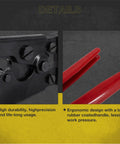 Close-up of Ratchet PEX Crimping Clamp Cinch Tool And Pipe Hose Cutter Set With Storage Bag Meets ASTM F2098 Stainless Steel Pipe Clamps, showing high precision build and red ergonomic handle design
