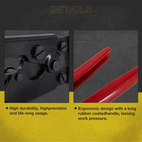 Close-up of Ratchet PEX Crimping Clamp Cinch Tool And Pipe Hose Cutter Set With Storage Bag Meets ASTM F2098 Stainless Steel Pipe Clamps, showing high precision build and red ergonomic handle design