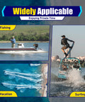 Collage showcasing various water activities: fishing, vacation, surfing. Enjoying private time with marine adventures.
