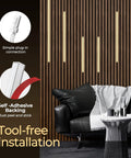 Easy-Install Self-Adhesive Dimmable LED Light Strips Kit on wood slat wall showcasing plug-in and self-adhesive features.