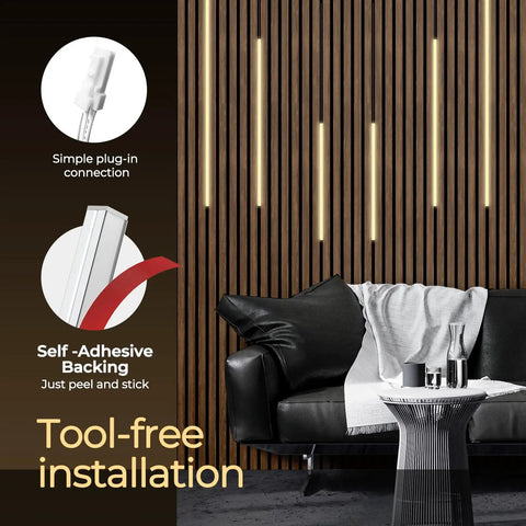 Easy-Install Self-Adhesive Dimmable LED Light Strips Kit on wood slat wall showcasing plug-in and self-adhesive features.