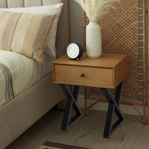 Nightstand with Beefy 16 Inch Heavy-Duty Metal Table Legs Set Of 2 Black with Double Triangle Z Shape Design in bedroom setting