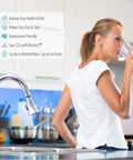 Woman drinking water in kitchen, promoting UV Ballast For 55W Ultraviolet Water Sterilization System With 100-120V Power.