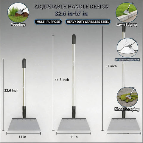Do It All Garden Shovel With Adjustable Handle showing three lengths for weeding, lawn edging, moss scraping. Stainless steel blade.