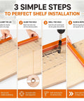 Hefty Duty Shelf Pin Jig Kit 18 9 Inch Acrylic Drill Guide showing steps for cabinet installation with self-centering bit.