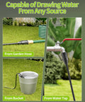 Cordless Handheld Washer With 775 Motor And 990 PSI drawing water from garden hose, bucket, and water tap with foam lance and hose.