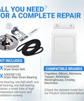 Beefed Up Dryer Rear Bearing Replacement Kit Fits Frigidaire and Kenmore Dryers 5303281153 and 134503600 image showing kit contents and compatible brands.
