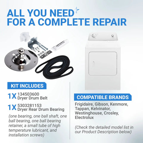 Beefed Up Dryer Rear Bearing Replacement Kit Fits Frigidaire and Kenmore Dryers 5303281153 and 134503600 image showing kit contents and compatible brands.