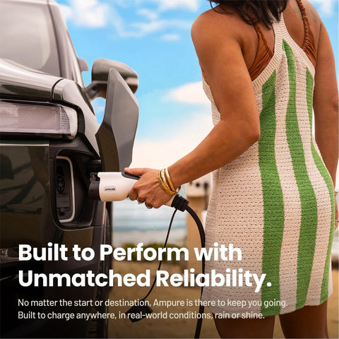 Person using Built Tough Portable Level 2 EV Charger 32 Amp Fast Charging For All Electric Vehicles And PHEVs 120 240V NEMA 14 50 Plug