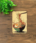 Funny Vintage Ramen Bowl Metal Sign With Chopsticks Splash 8x12 Inch Tin Wall Art For Kitchen Home Office Garage Decor Durable Aluminum Ready To Hang Today displayed on wooden surface with plant