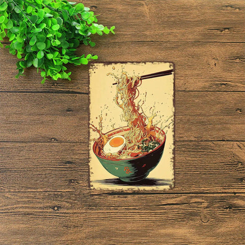 Funny Vintage Ramen Bowl Metal Sign With Chopsticks Splash 8x12 Inch Tin Wall Art For Kitchen Home Office Garage Decor Durable Aluminum Ready To Hang Today displayed on wooden surface with plant