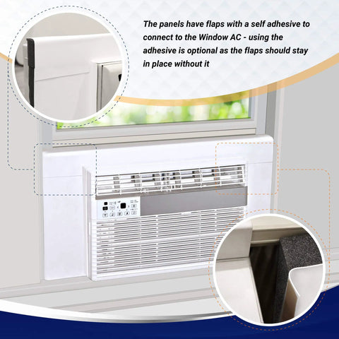 White Vinyl Foam Side Panels For Window AC Units Custom Trim To Fit, detailing adhesive flaps for secure fit around AC unit.