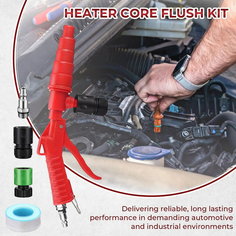 Heavy Duty Coolant Flush Gun Kit With Garden Hose Coupler And Air Line Splitter for Heater Core Backflush and Radiator Cleaning in use.