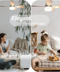 Small Ceiling Fan With Light And Remote 20.5 Inch 2 In 1 Fixture in light wood finish installed in a living room.