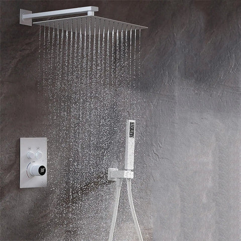 Digital Display Rainfall Shower Faucet Set With Real Time Temperature Reading oversized ceiling rainhead with ergonomic wand.