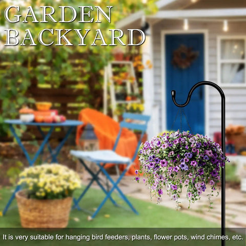 Outdoor No Fuss 48 Inch Shepherds Hook Garden Pole with Five Prongs Base installed with hanging flower basket in backyard setting