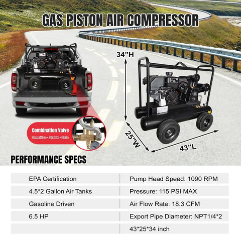 Powerful 6.5HP Gas Powered Air Compressor With 20 Gallon Twin Tank, Delivers 17 CFM And 115 PSI For Jobsite Use, Perfect For Pneumatic Tools And Construction Projects On The Go, Reliable And Built To Last