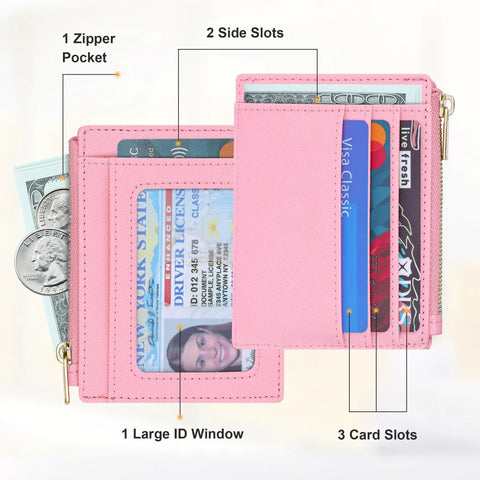 Slim RFID Blocking Wallet For Women With Front Pocket Card Case, 6 Card Slots, ID Window, Zipper Cash Pocket, Chic Pink