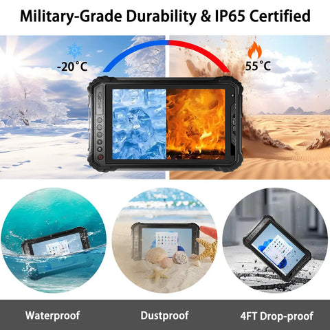 8 Inch Rugged Tablet With Docking Station Windows 11 Intel N5100 Chip 8GB Ram 256GB SSD showcasing waterproof and dustproof features.