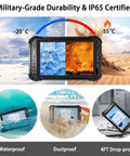 Built Like A Tank 8 Inch Windows 11 Pro Rugged Tablet Featuring Intel Core I5 shown in waterproof, dustproof, high-low temperature conditions.