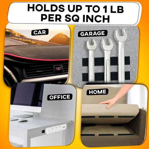 Heavy Duty Hook And Loop Tape Roll With Super Sticky Adhesive Backing Badass Industrial Fastening Strips That Cling Like Crazy And Rip Clean In Black One Inch in various applications: car dashboard, garage, office, and home use.