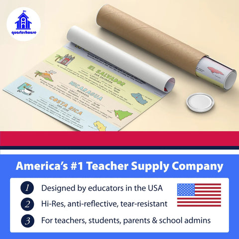 Five Poster Set Of Spanish Speaking Countries With Map For Classroom Learning 12 X 18 Inches Made In USA, rolled in kraft tube