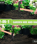 Hoe And Cultivator Garden Rake With 14 Inch Wooden Handle displayed in garden soil application