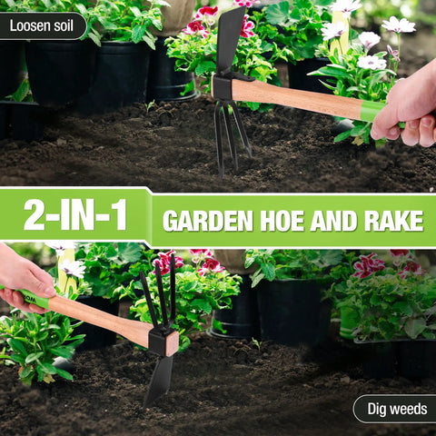 Hoe And Cultivator Garden Rake With 14 Inch Wooden Handle displayed in garden soil application
