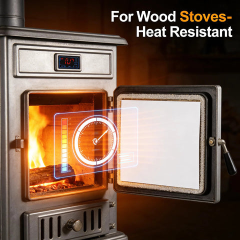Front view of a metal wood stove with open door, visible flames, and holographic gauge overlay