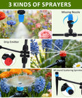 Three Hundred Foot Drip Irrigation Kit For Lawn And Garden illustrating three sprayer types among flowers