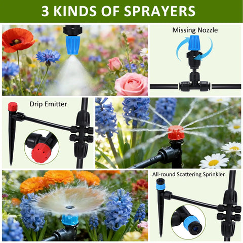 Three Hundred Foot Drip Irrigation Kit For Lawn And Garden illustrating three sprayer types among flowers