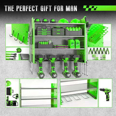Power Tool Organizer Wall Mount With Charging Station 4 Tier Garage Storage Rack With 4 Cordless Drill Holders Heavy Duty Workshop Organizer In Green Keeps Tools Neat Accessible And Ready To Grab