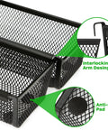Close-up of black mesh trays showing interlocking arm design and anti-slip pad, part of Slick Six Pack Silverware And Utensil Drawer Organizer With Non Slip Feet.